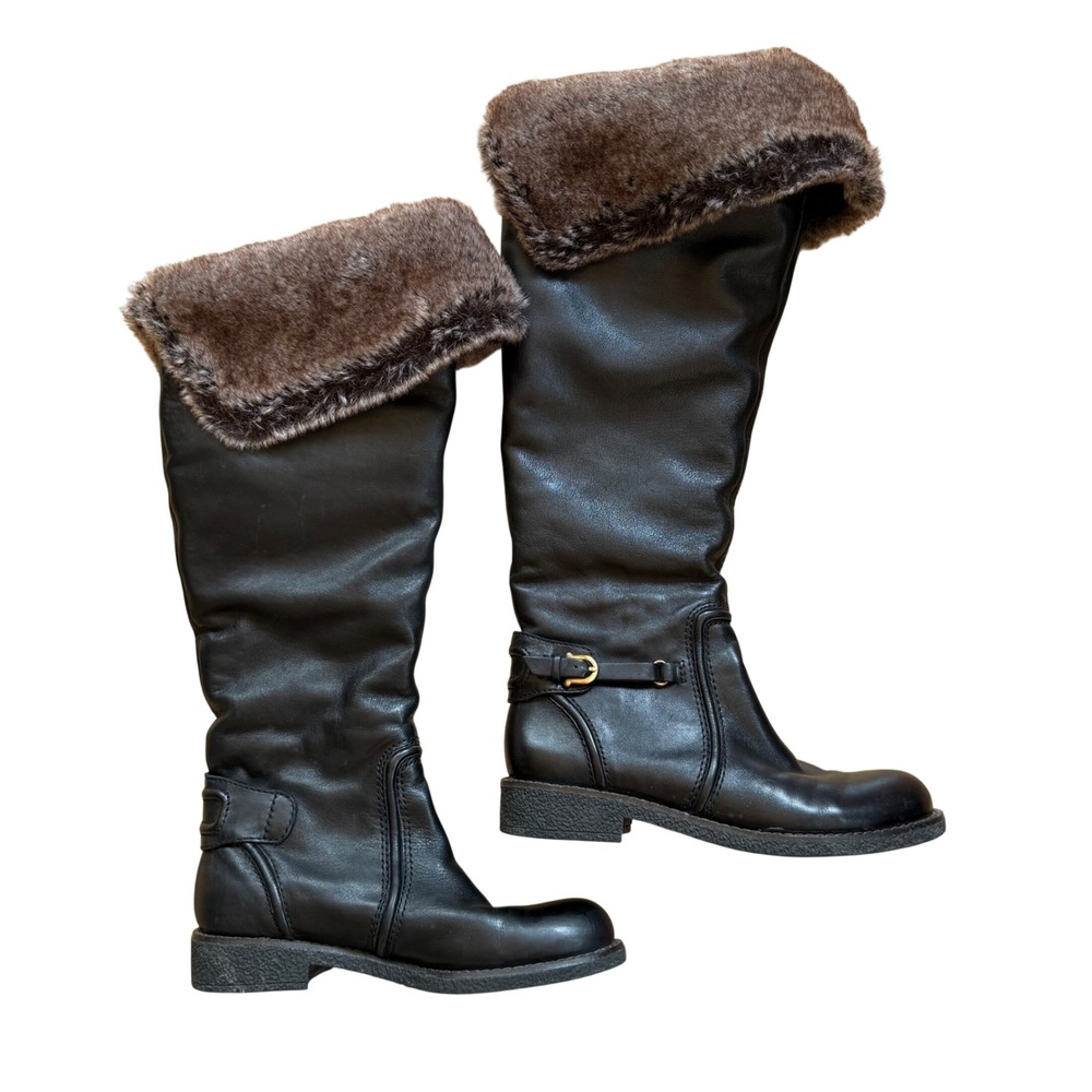 Sam Edelman Kara Leather OTK Boots 6.5 Black Fur Cuff Riding Equestrian Moto Y2K
